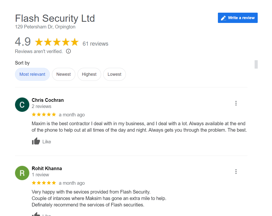 FlashSecurity Google reviews