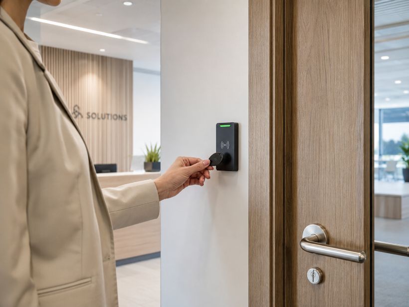 Staff member using an access card for commercial access control