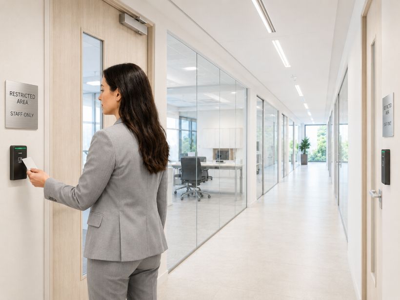 Secure office corridor with access control for staff areas and restricted floors
