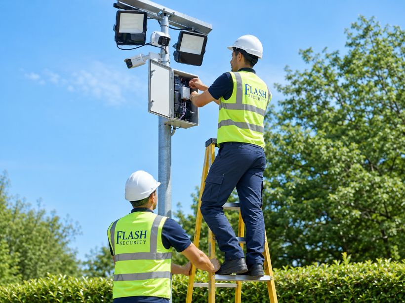 Security engineer installing a CCTV camera for a commercial property