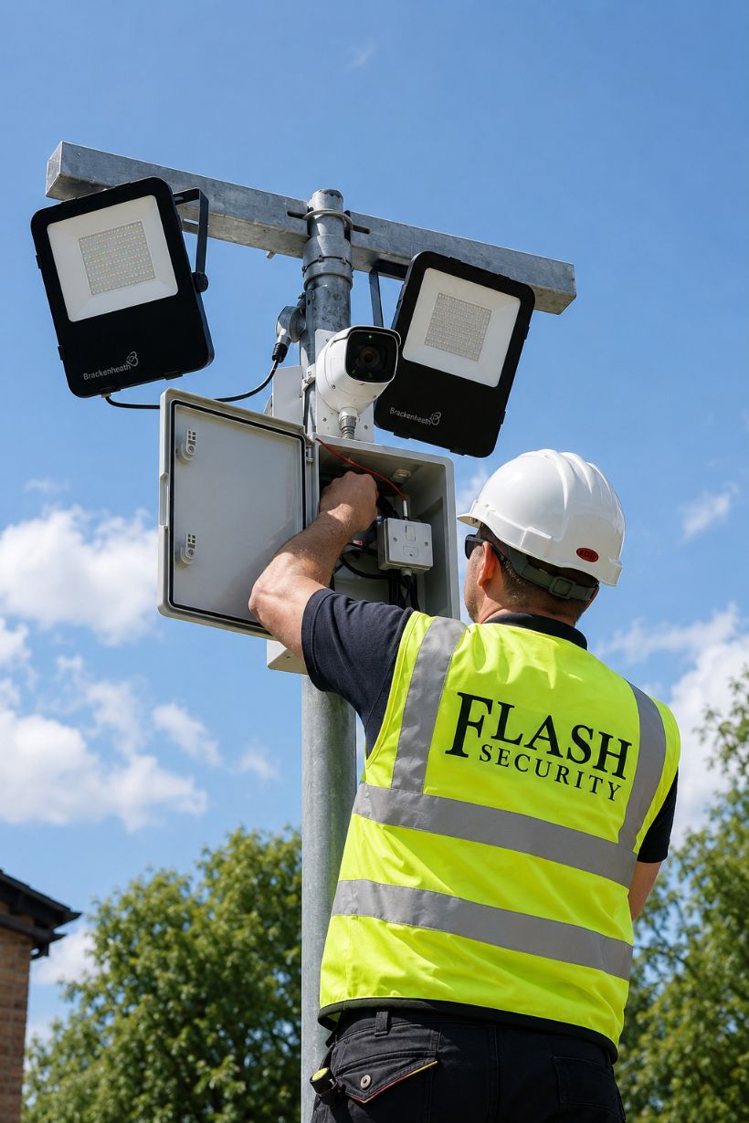 Security engineer installing a CCTV camera for a commercial property