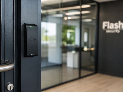Access control reader installed on a commercial office door in Westminster