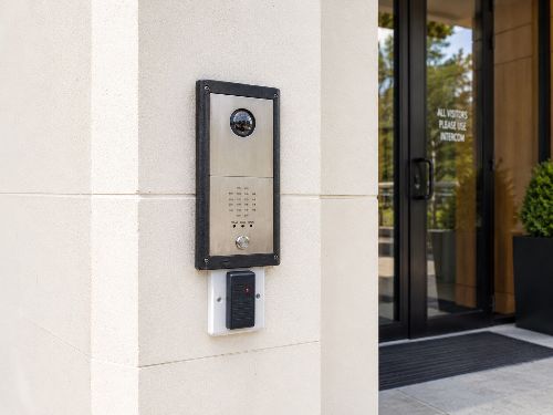 Access control reader installed on a commercial office door in Westminster