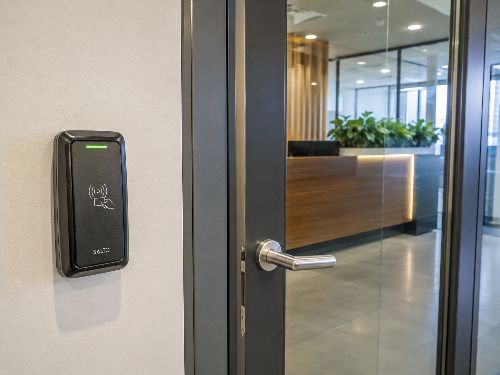 Access control reader installed on a commercial office door in Westminster