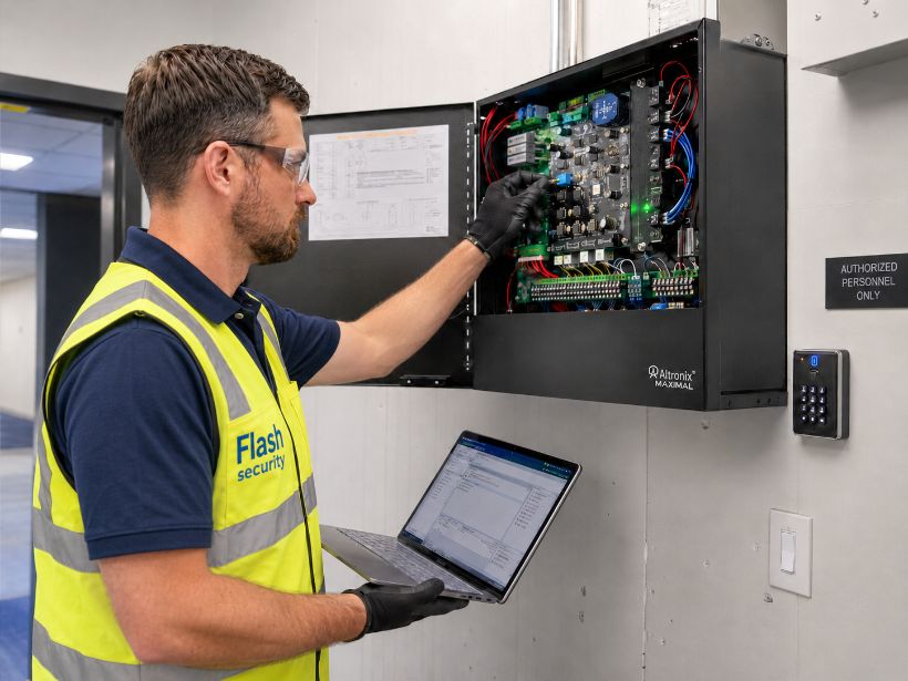 Security engineer configuring access control equipment for a commercial building