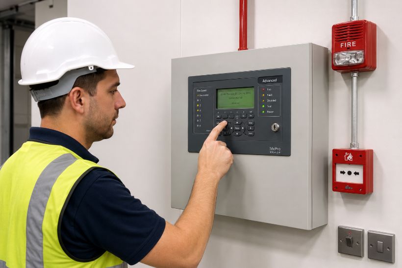 Engineer checking a fire alarm control panel during commercial fire alarm installation in Westminster