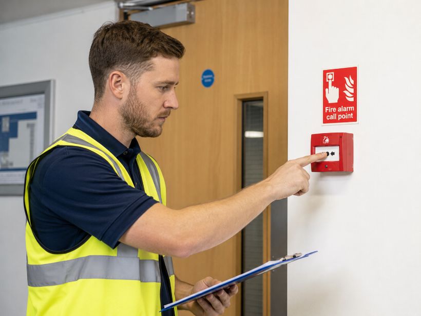 Engineer testing a manual call point during fire alarm maintenance in Westminster