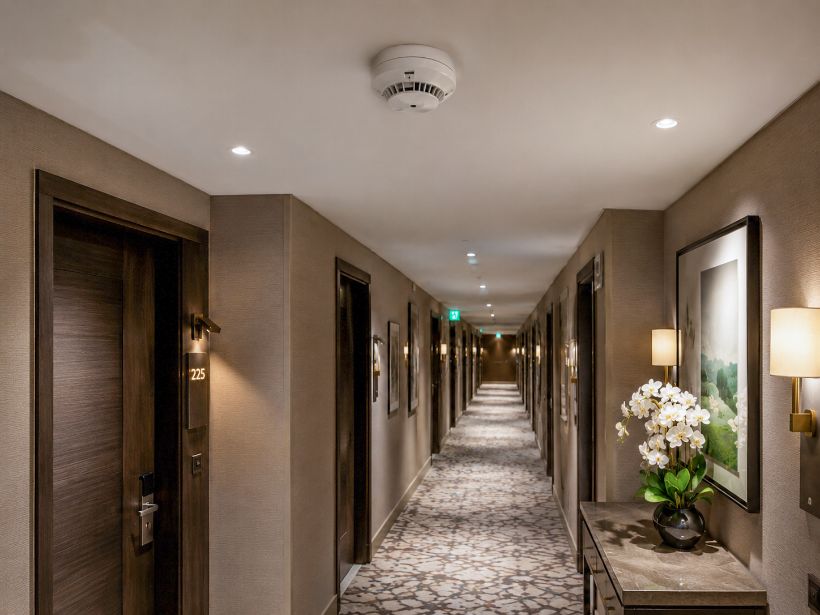 Smoke detector installed in an office corridor as part of a Westminster fire detection system