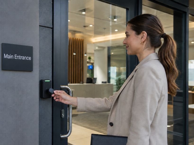 Staff member using a fob access system at an office entrance in Westminster