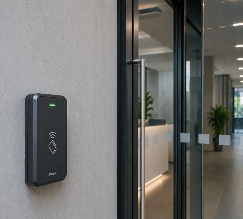 Access control reader installed at a commercial office entrance in Southwark