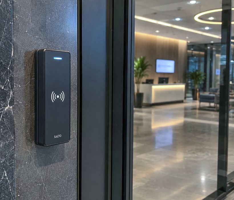 Access control reader installed at a commercial office entrance in Southwark