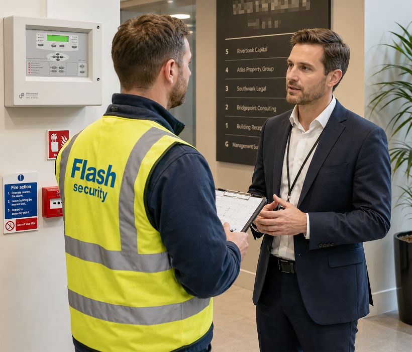 Fire alarm engineer discussing a fire alarm survey with a property manager in Southwark