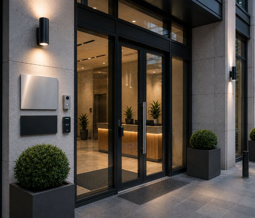 Managed building entrance with discreet access control reader for authorised entry
