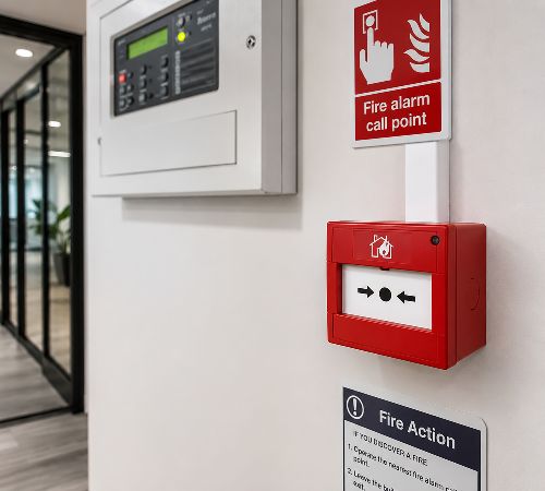 Manual call point installed in a managed commercial building as part of a Southwark fire detection system