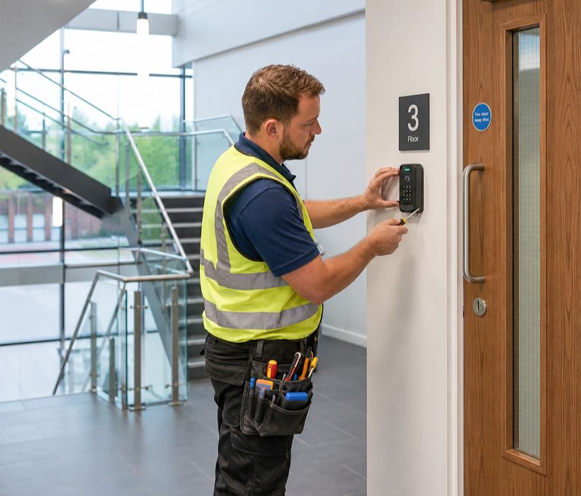 Security engineer installing a CCTV system in a commercial property