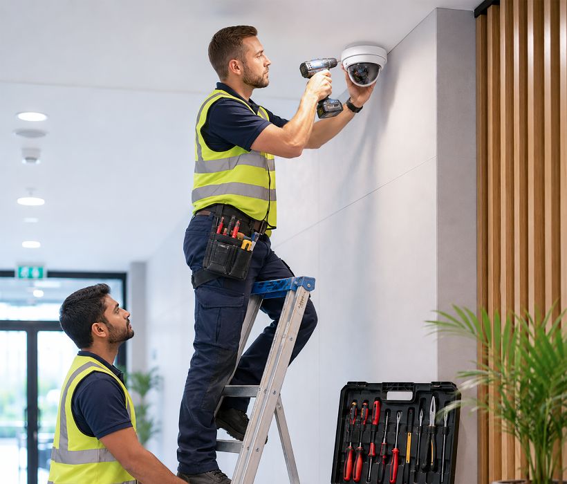 Security engineer installing a CCTV system in a commercial property