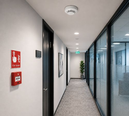 Smoke detector installed in an office corridor as part of a fire alarm system in Southwark
