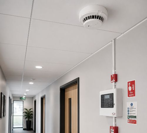 Smoke detector installed in an office corridor as part of a fire alarm system in Southwark