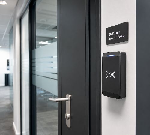 Staff access card reader on an internal office door for restricted area control