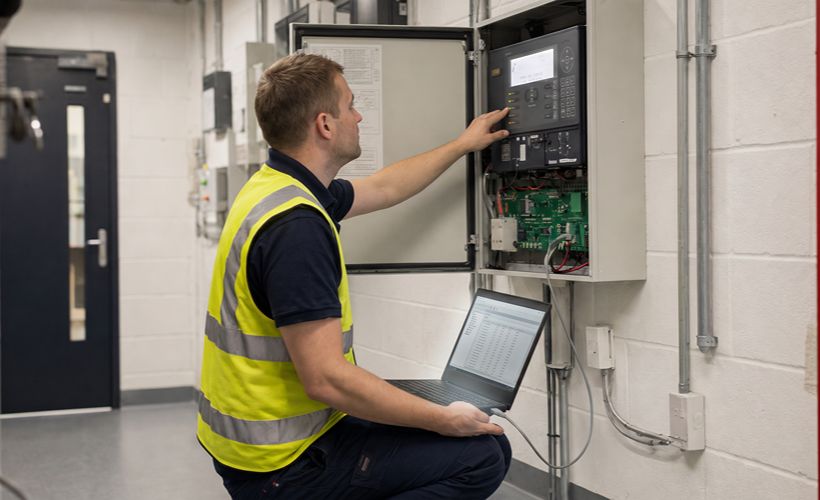 Engineer inspecting a fire alarm device in an empty commercial building